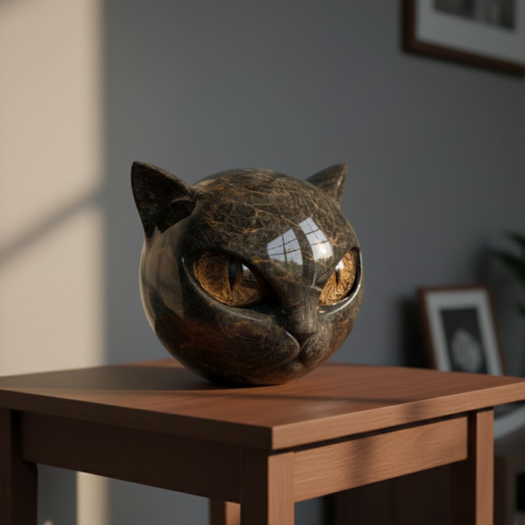 Mystica – Statue af en sort vagthund i sten