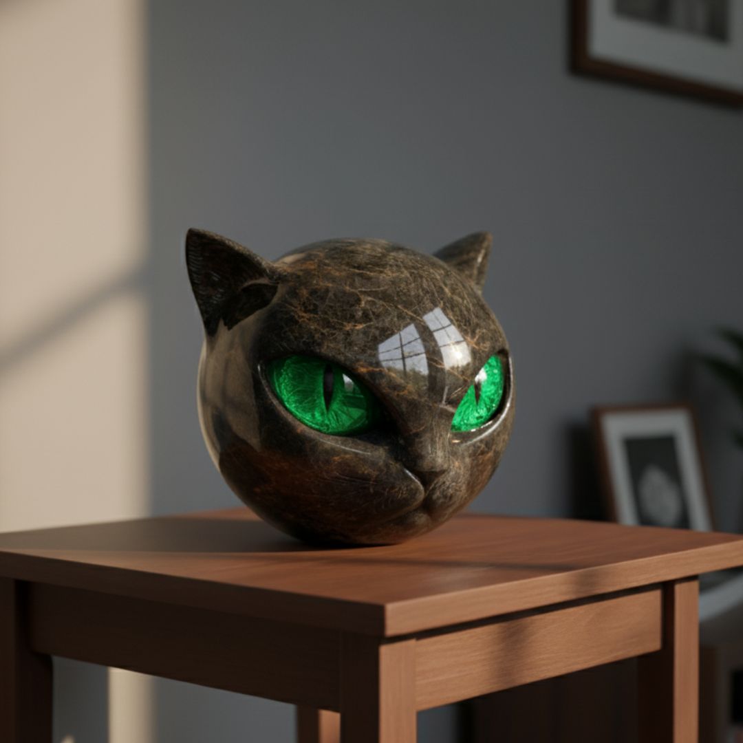 Mystica – Statue af en sort vagthund i sten