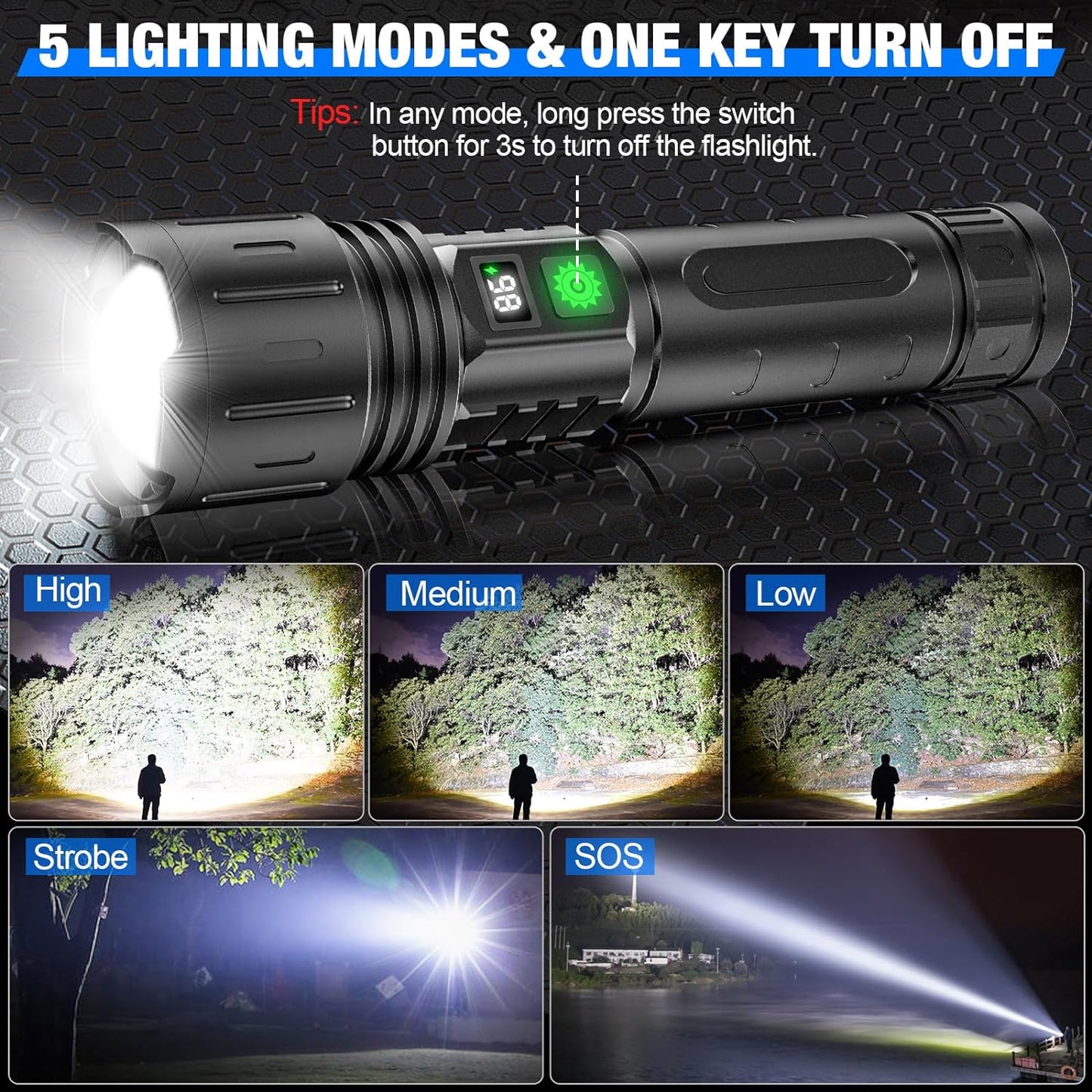 nordivo | UltraBeam-lommelygte, 100.000 lumen, superlysstærk, professionel