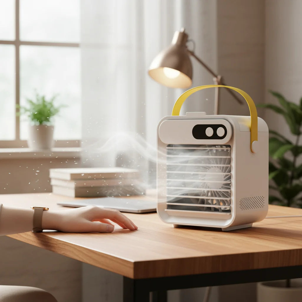 Transportabel mini-aircondition med luftfugter, vandtåge og køleventilator