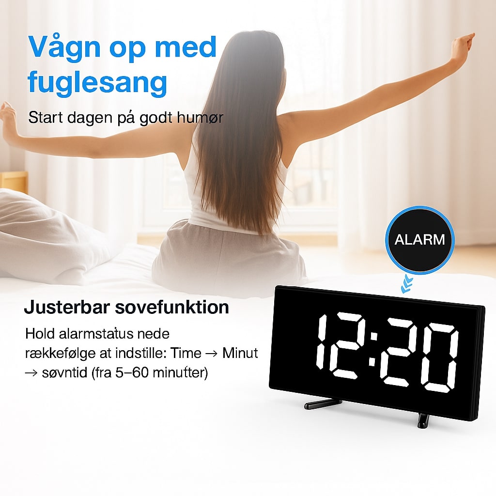 LED Digital Vækkeur med Buet Skærm og Automatisk Lys