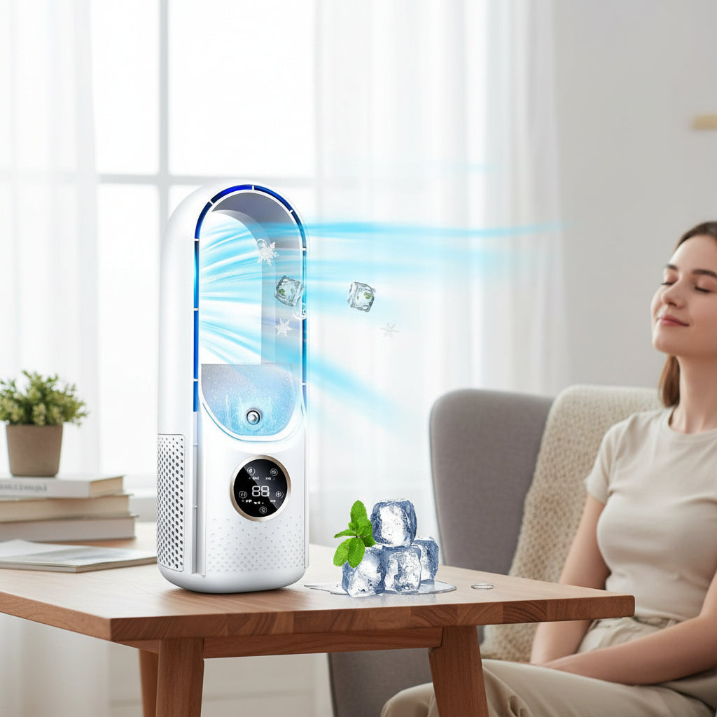 Transportabel aircondition med fordampningskøling og bladløs ventilator