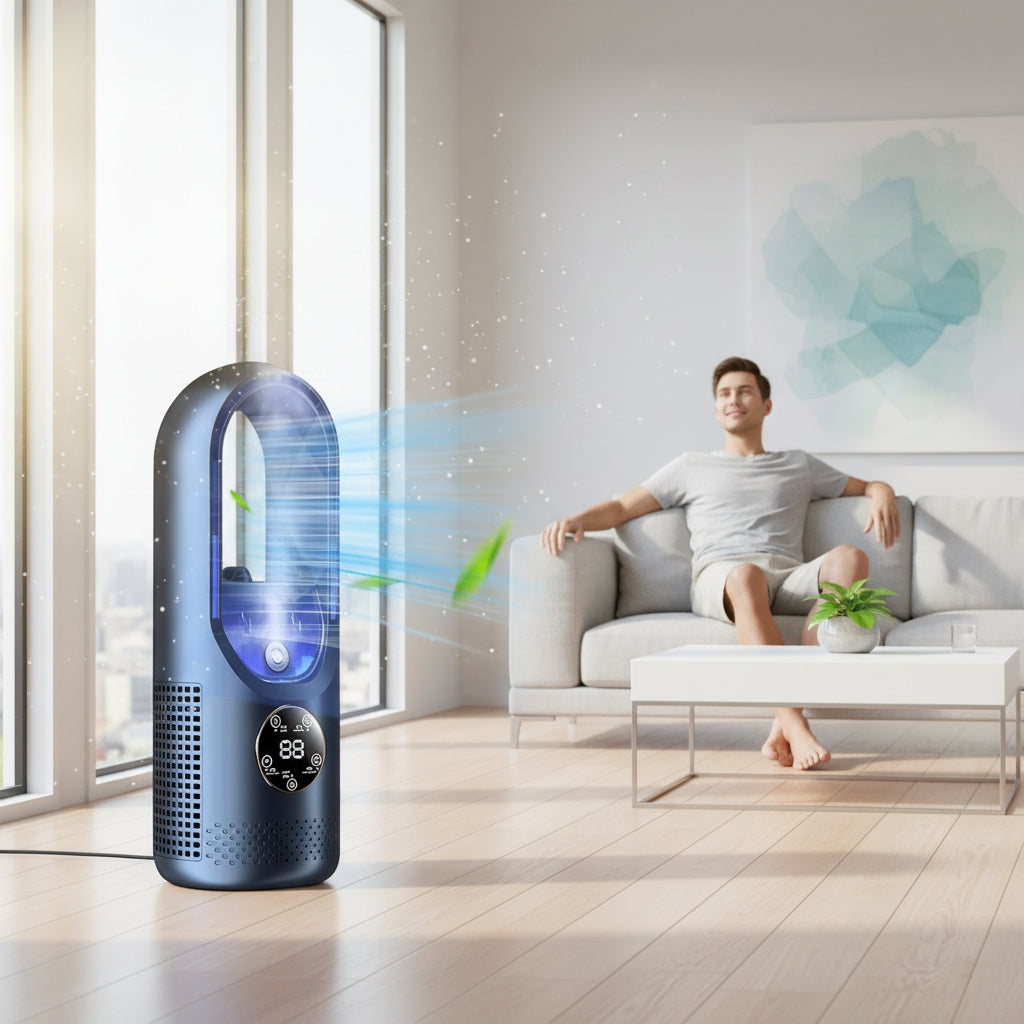 Transportabel aircondition med fordampningskøling og bladløs ventilator