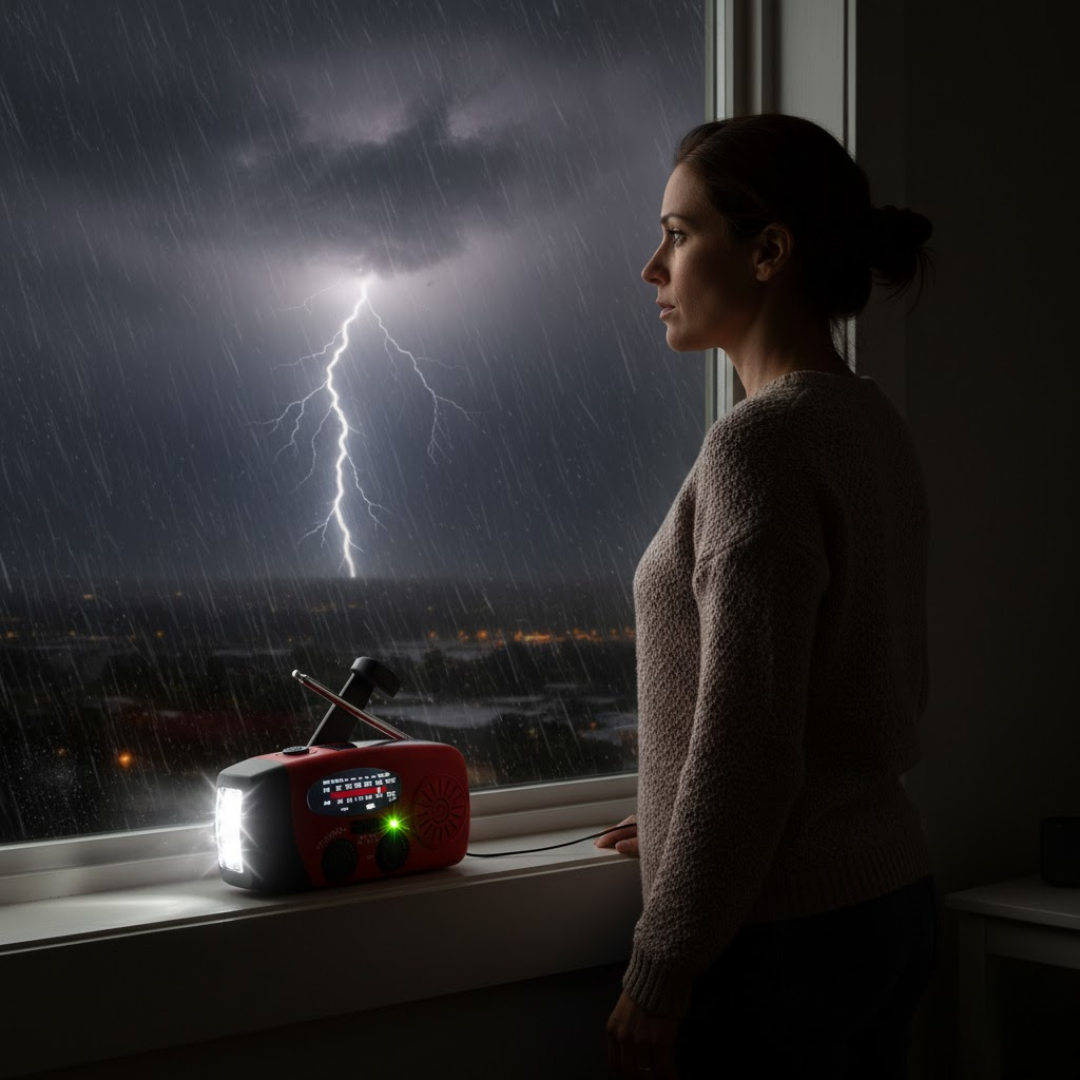 Nødradio med håndsving og solpanel