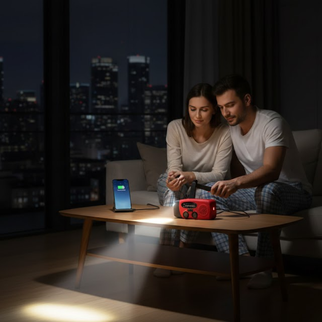Nødradio med håndsving og solpanel
