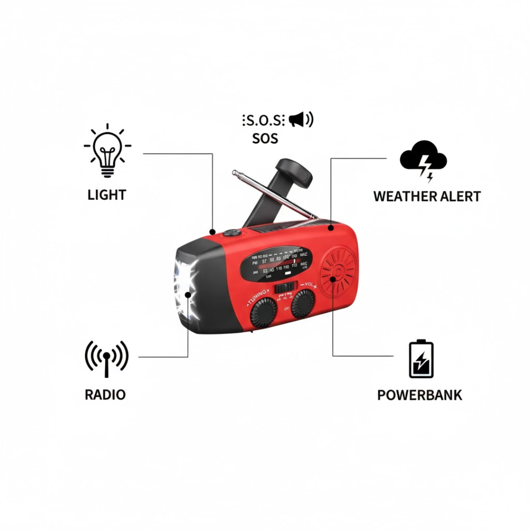 Nødradio med håndsving og solpanel